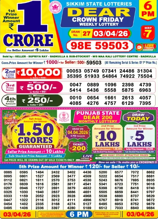 Lottery Sambad today result 3 April 2026